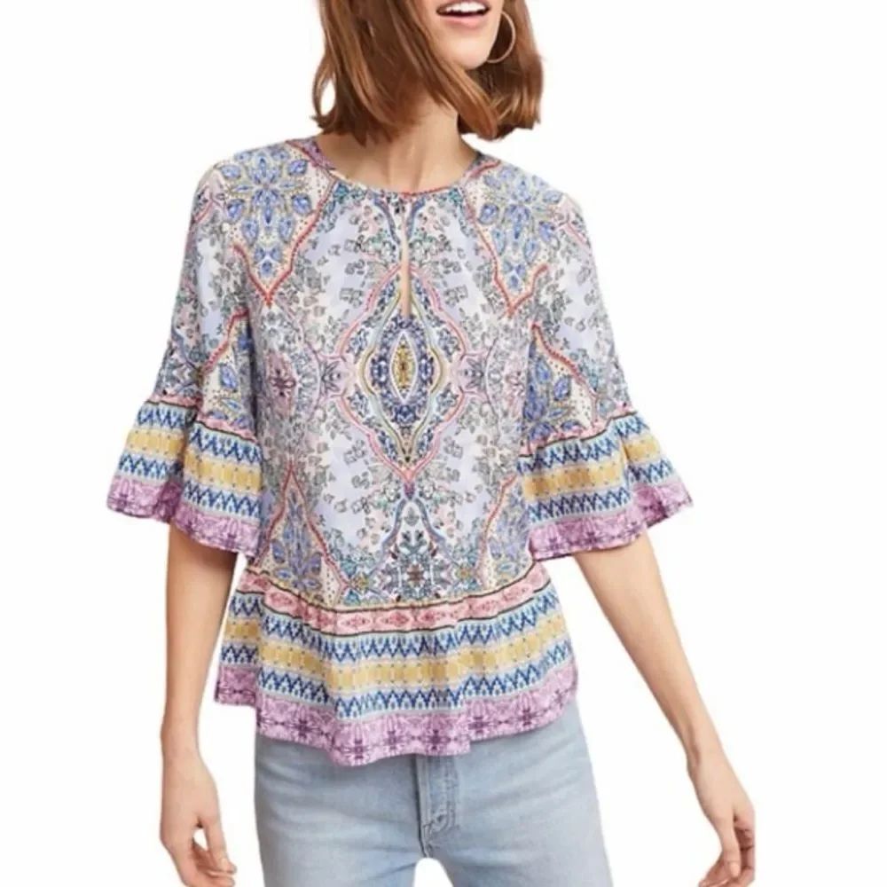 Anthropologie Kachel Lynn Silk Swing Watercolor Vintage inspired Print Top 10